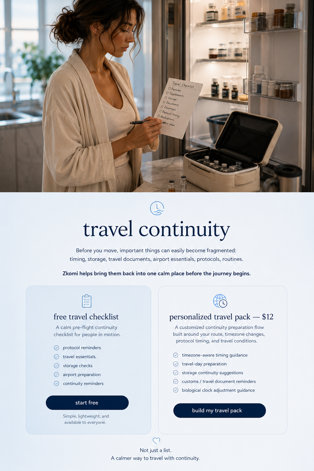 Sofia checking her travel continuity checklist beside an open peptide cooling case in her kitchen, before a long-haul flight